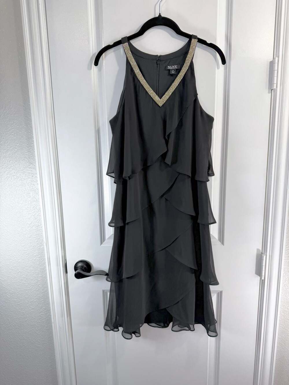 SLNY Black Chiffon Tiered Ruffle Cocktail Dress with Rhinestone V-Neck Size 10 - Picture 1 of 9